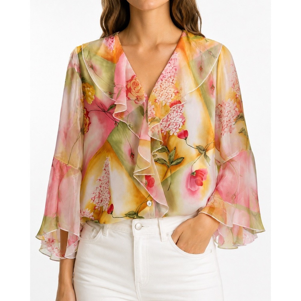 Sea Suns Womens Floral Ruffle Blouse Top 100% Rayon Bell Sleeve Medium